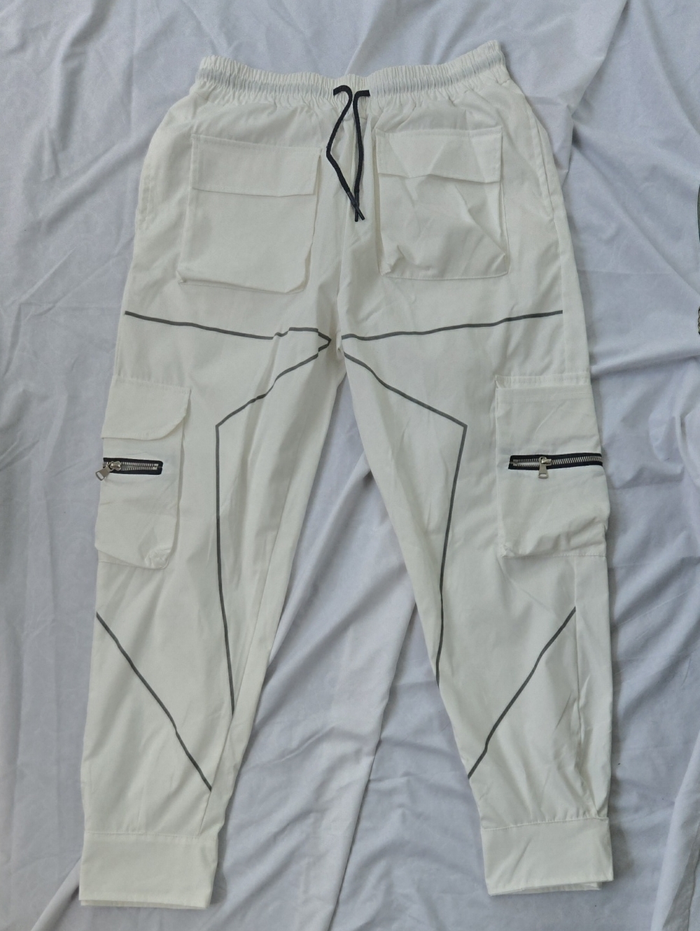 Mens Cargo CremeWhite Hip Trackpants Grey Line Design On Front Flaps On Ankles